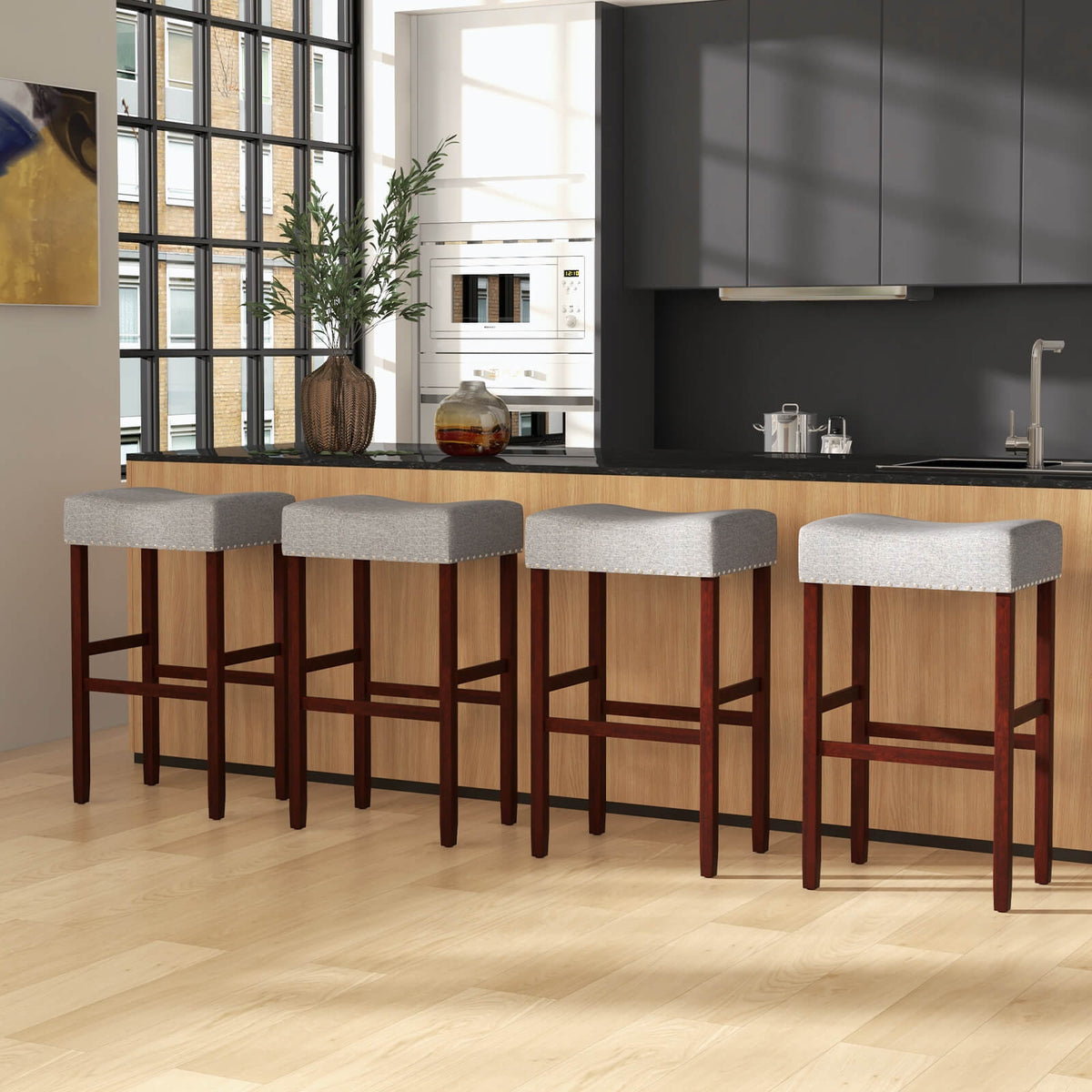 29 Inch Set of 2 Height Upholstered Bar Stool with Solid Rubber Wood Legs and Footrest-Gray