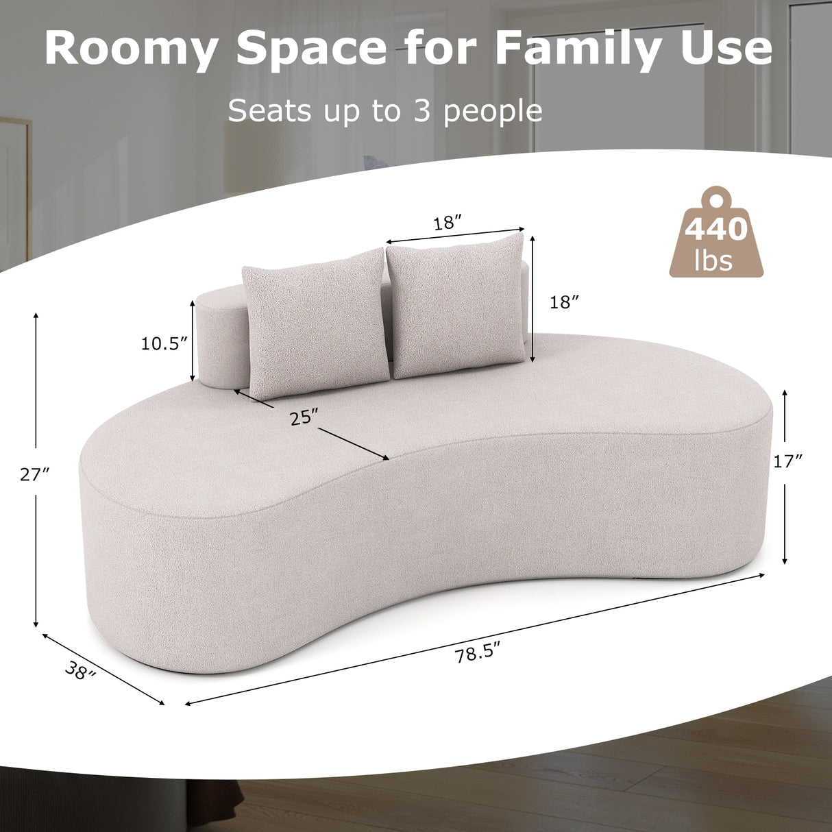 Upholstered Curved Sofa with 2 Cozy Pillows-Gray