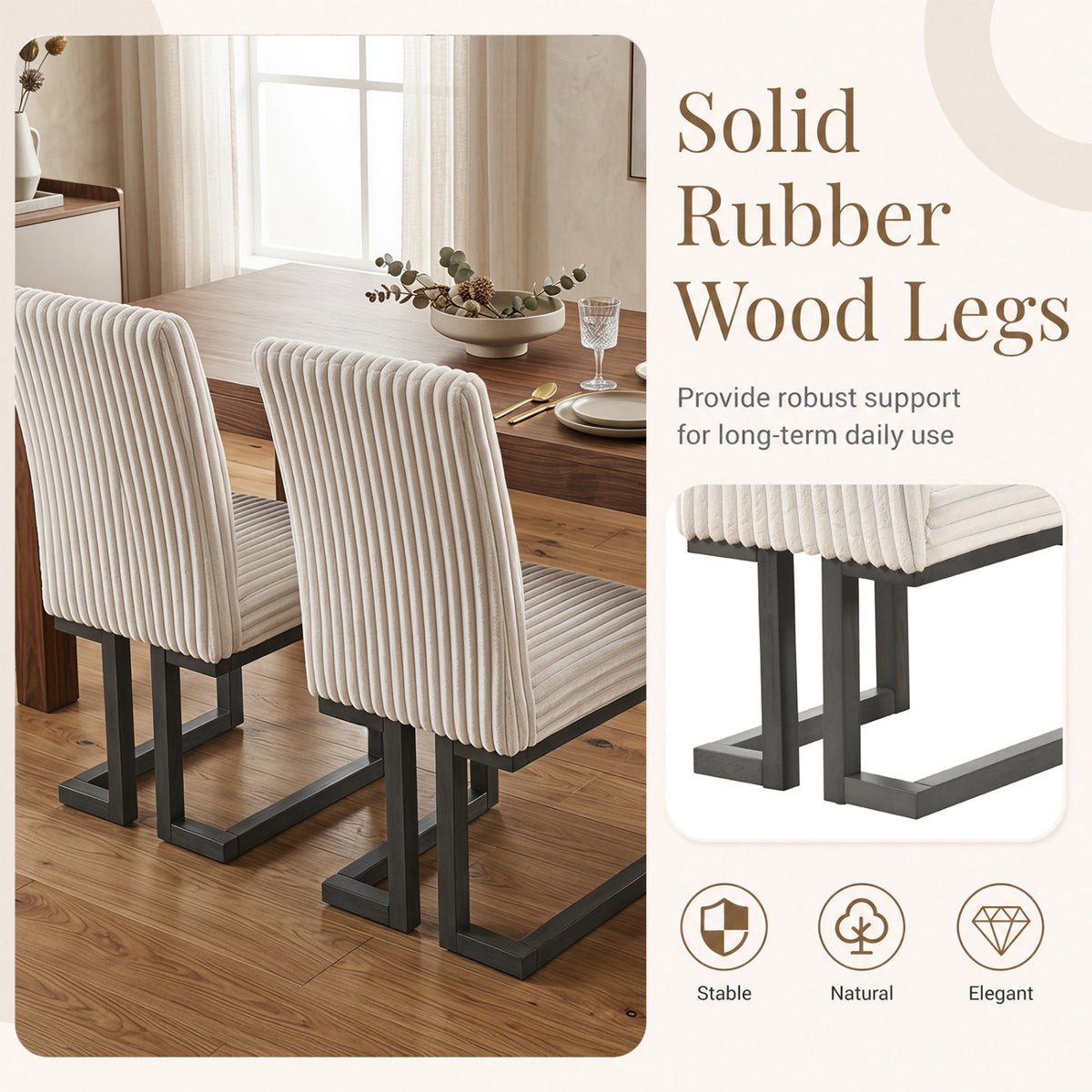 Upholstered Dining Chairs Set of 2 with Rubber Wood Legs and Padded Seat for Dining Room-Beige