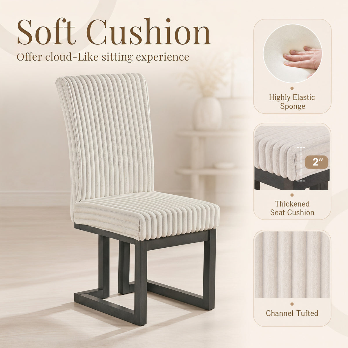 Upholstered Dining Chairs Set of 2 with Rubber Wood Legs and Padded Seat for Dining Room-Beige