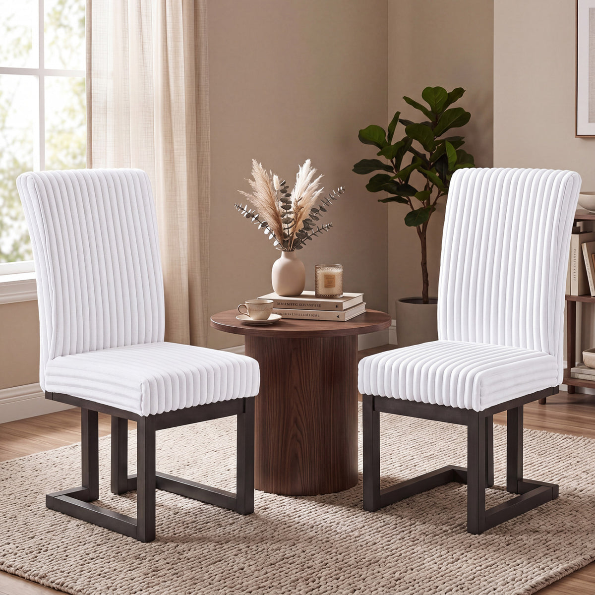 Upholstered Dining Chairs Set of 2 with Rubber Wood Legs and Padded Seat for Dining Room-White