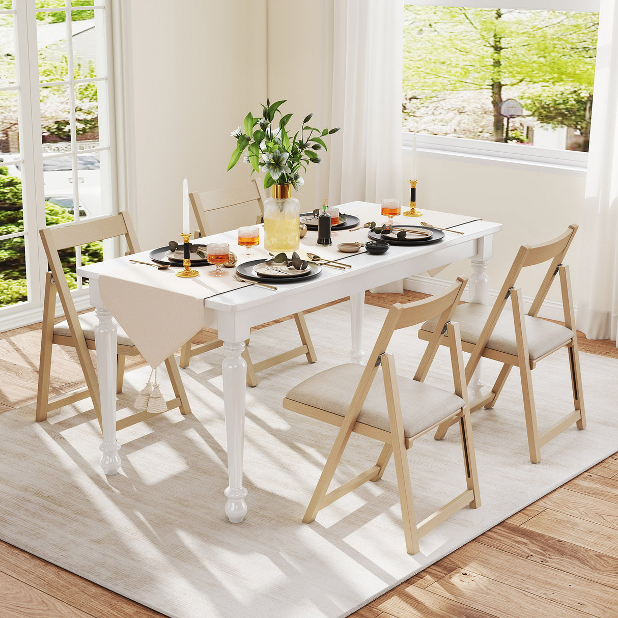 Folding Upholstered Dining Chair Set of 4 with Curved Backrest-Beige