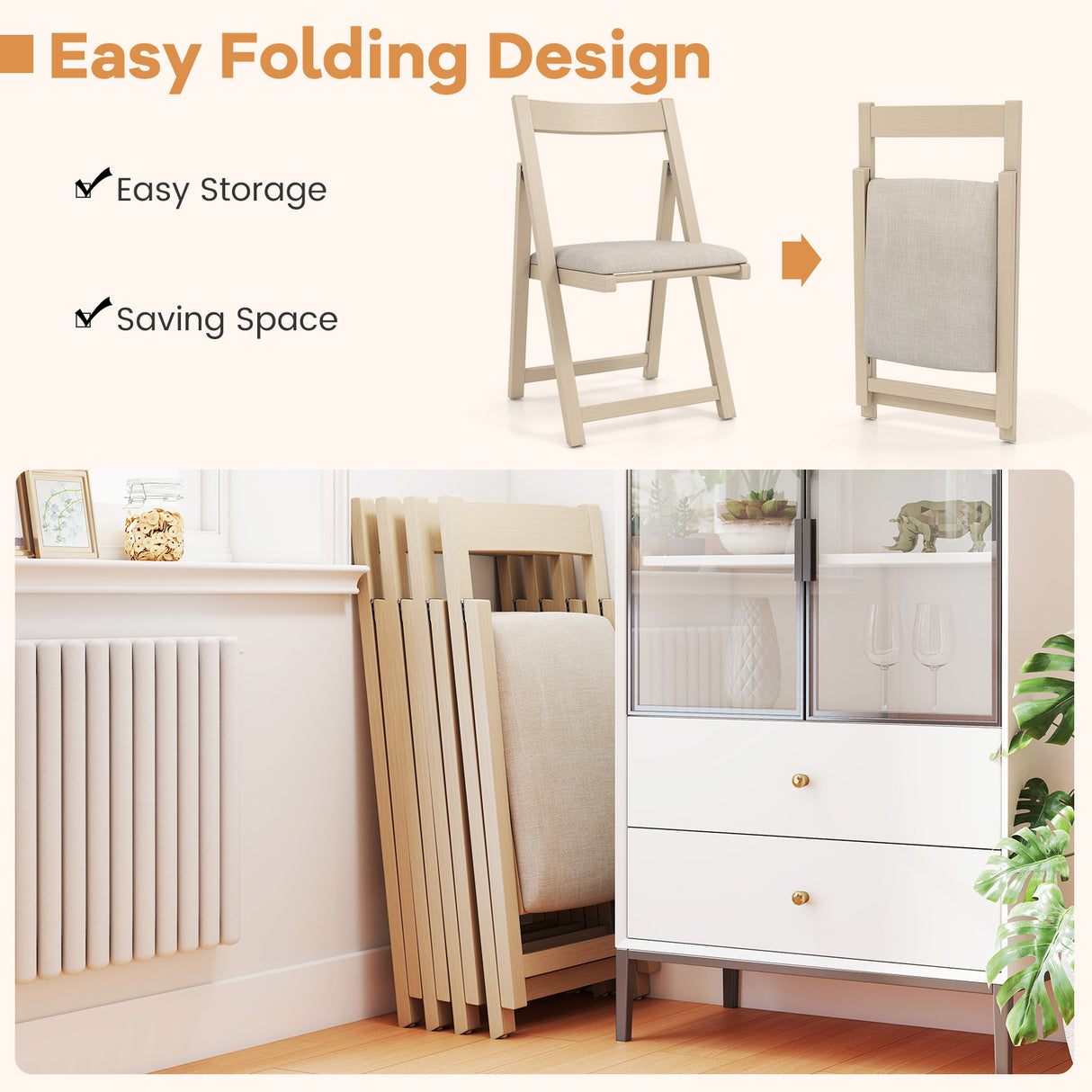 Folding Upholstered Dining Chair Set of 4 with Curved Backrest-Beige
