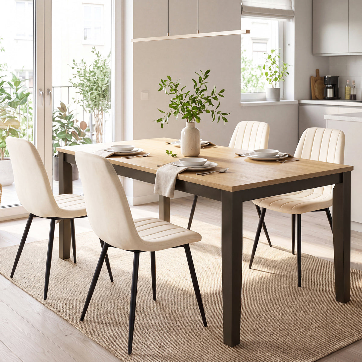 Upholstered Fabric Dining Chairs Set of 4 with Sturdy Metal Legs and Curved Backrest-Beige