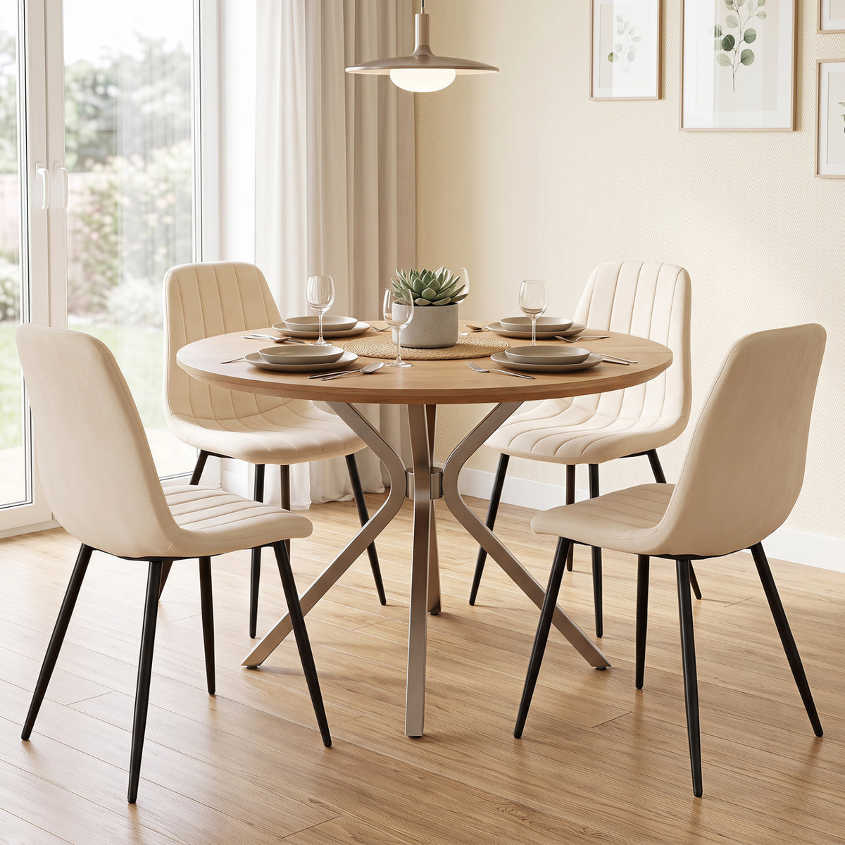 Upholstered Fabric Dining Chairs Set of 4 with Sturdy Metal Legs and Curved Backrest-Beige