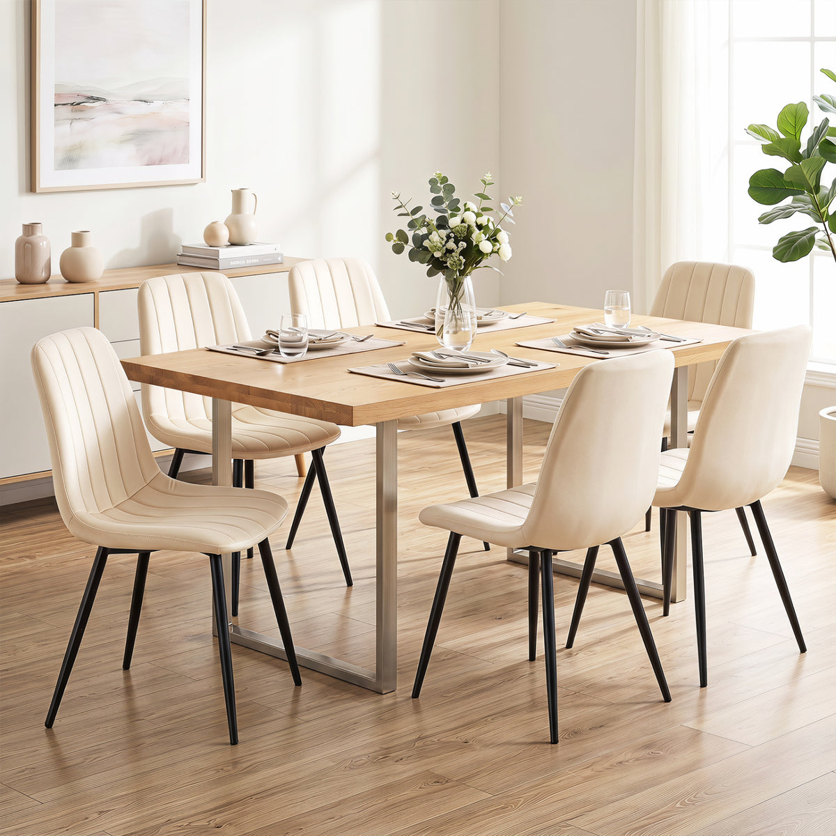 Upholstered Fabric Dining Chairs Set of 4 with Sturdy Metal Legs and Curved Backrest-Beige