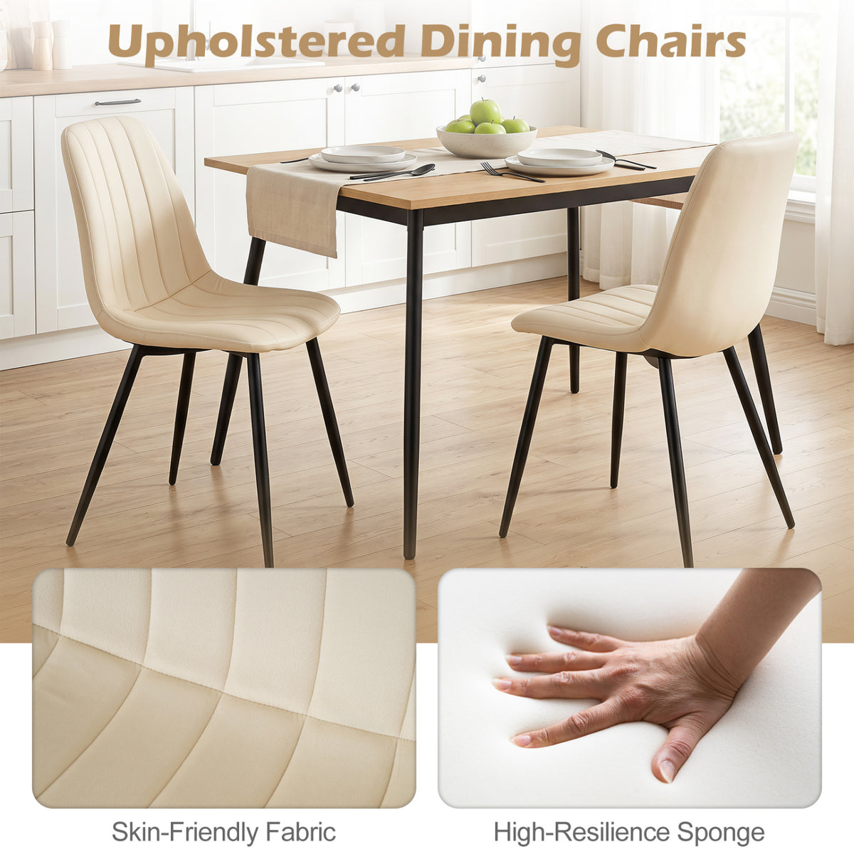 Upholstered Fabric Dining Chairs Set of 4 with Sturdy Metal Legs and Curved Backrest-Beige