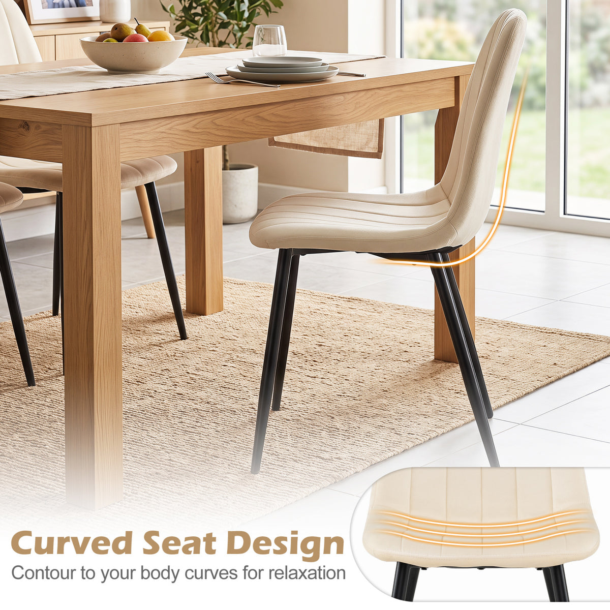 Upholstered Fabric Dining Chairs Set of 4 with Sturdy Metal Legs and Curved Backrest-Beige