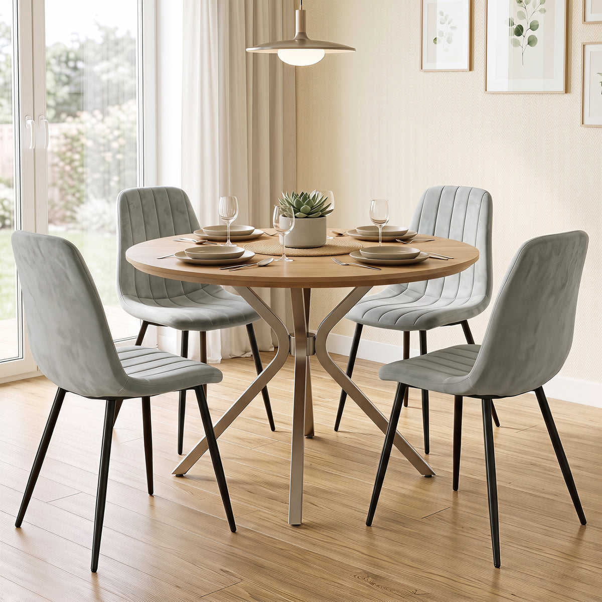 Upholstered Fabric Dining Chairs Set of 4 with Sturdy Metal Legs and Curved Backrest-Gray