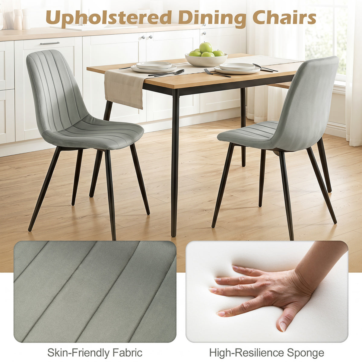 Upholstered Fabric Dining Chairs Set of 4 with Sturdy Metal Legs and Curved Backrest-Gray