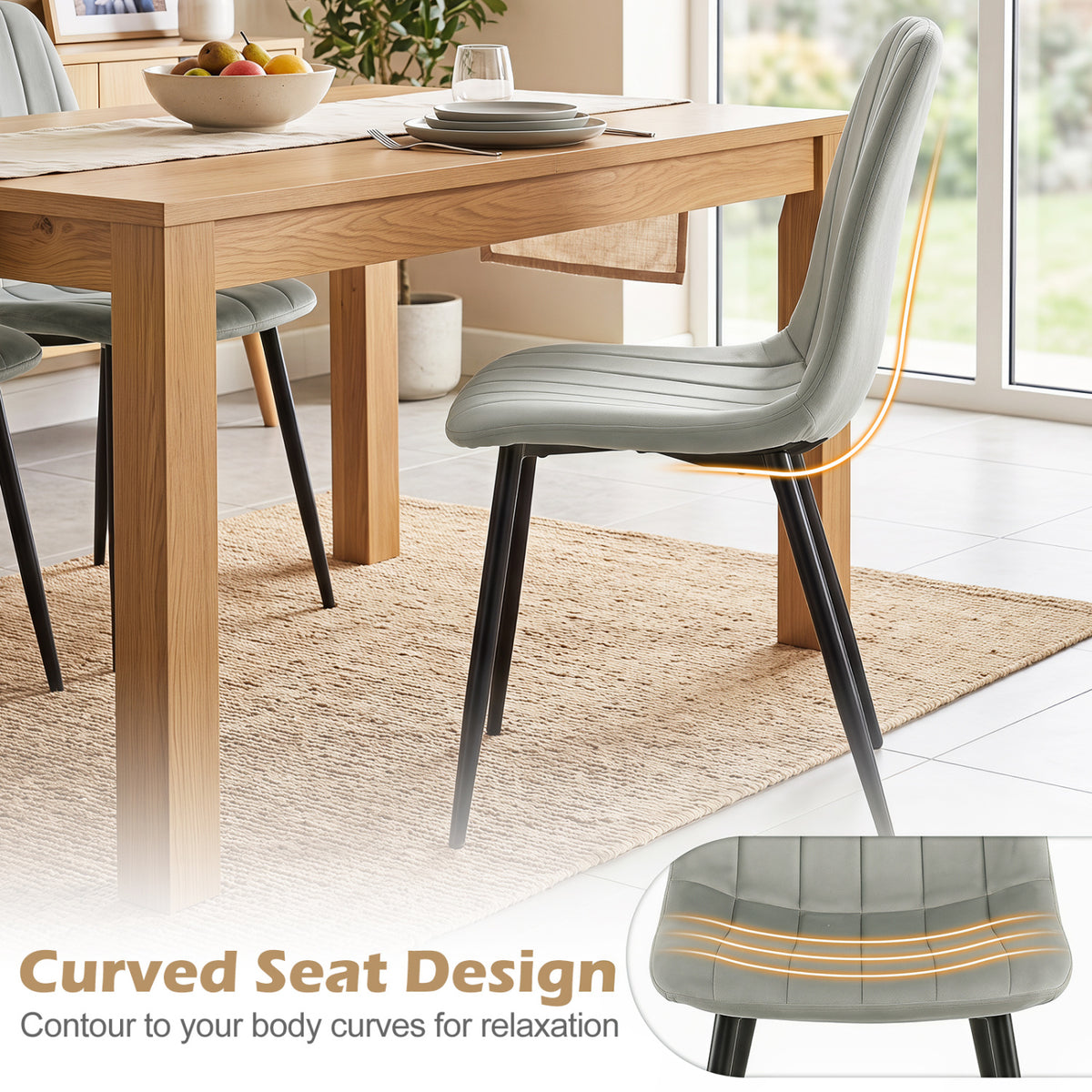 Upholstered Fabric Dining Chairs Set of 4 with Sturdy Metal Legs and Curved Backrest-Gray
