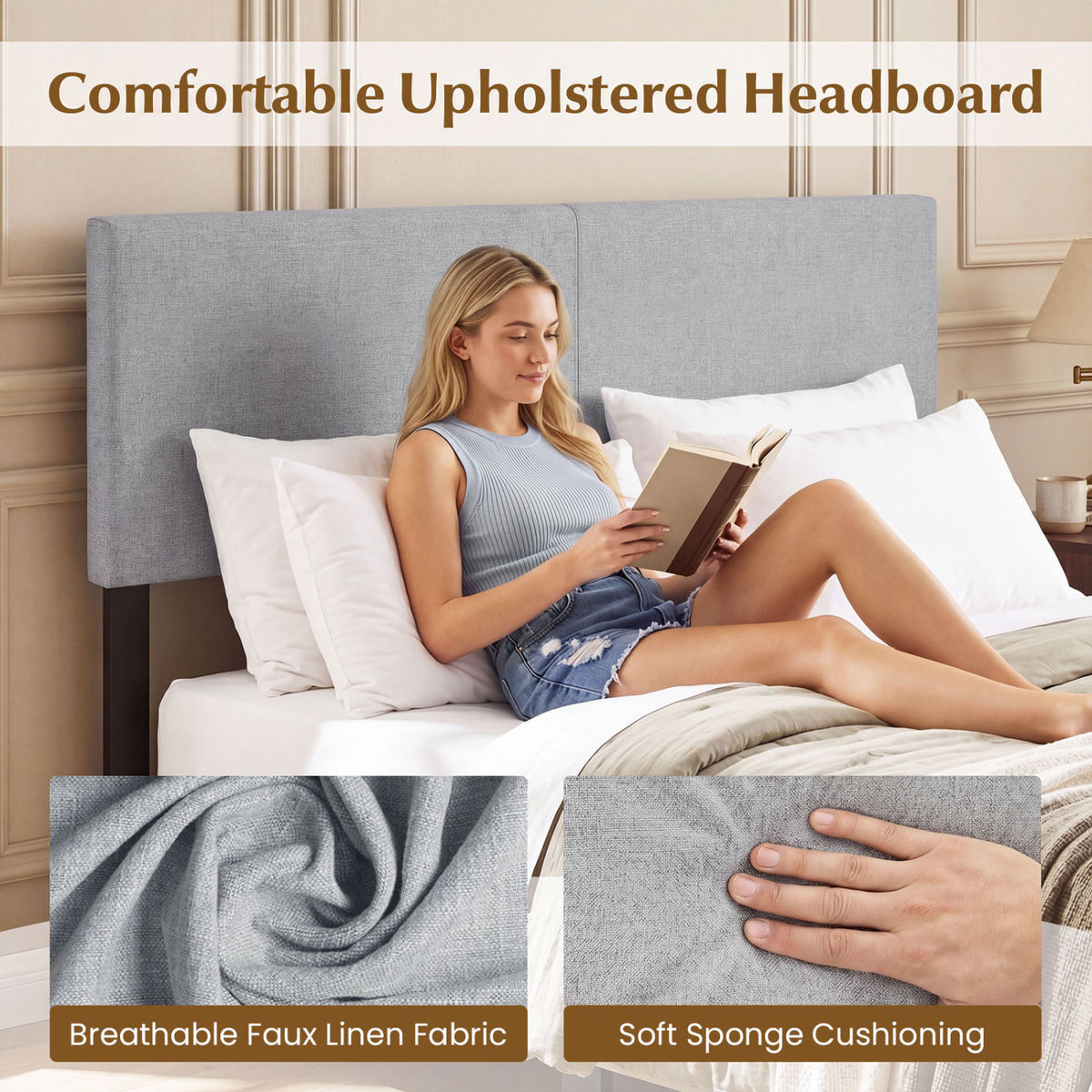 Upholstered Headboard Queen/Full Size Vertical Quilted Linen Fabric Bed Frame Mount Panel-Gray