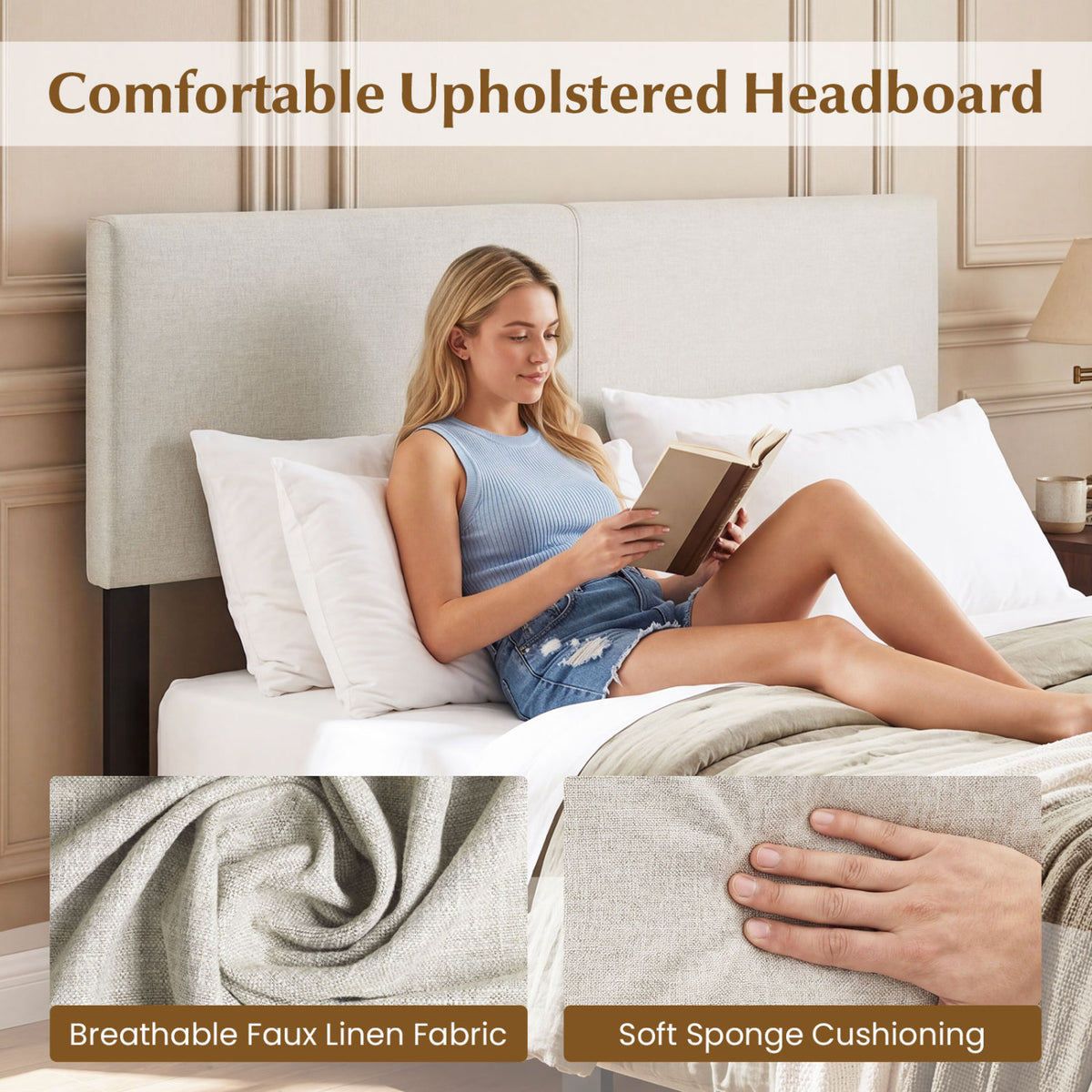 Upholstered Headboard Queen/Full Size Vertical Quilted Linen Fabric Bed Frame Mount Panel-Beige