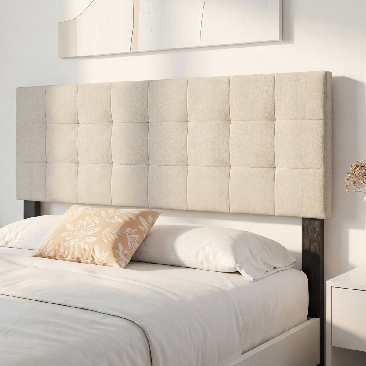 Upholstered Headboard Queen/Full Size Quilted Grid Linen Fabric Bed Frame Mount Panel-Beige