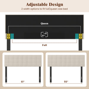Upholstered Headboard Queen/Full Size Quilted Grid Linen Fabric Bed Frame Mount Panel-Beige