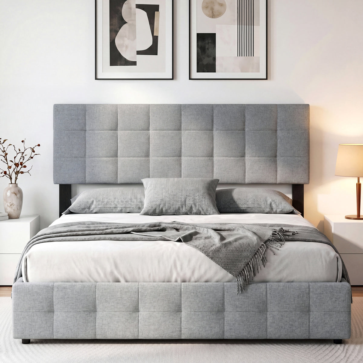 Upholstered Headboard Queen/Full Size Quilted Grid Linen Fabric Bed Frame Mount Panel-Gray