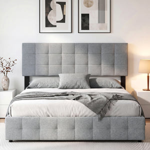 Upholstered Headboard Queen/Full Size Quilted Grid Linen Fabric Bed Frame Mount Panel-Gray