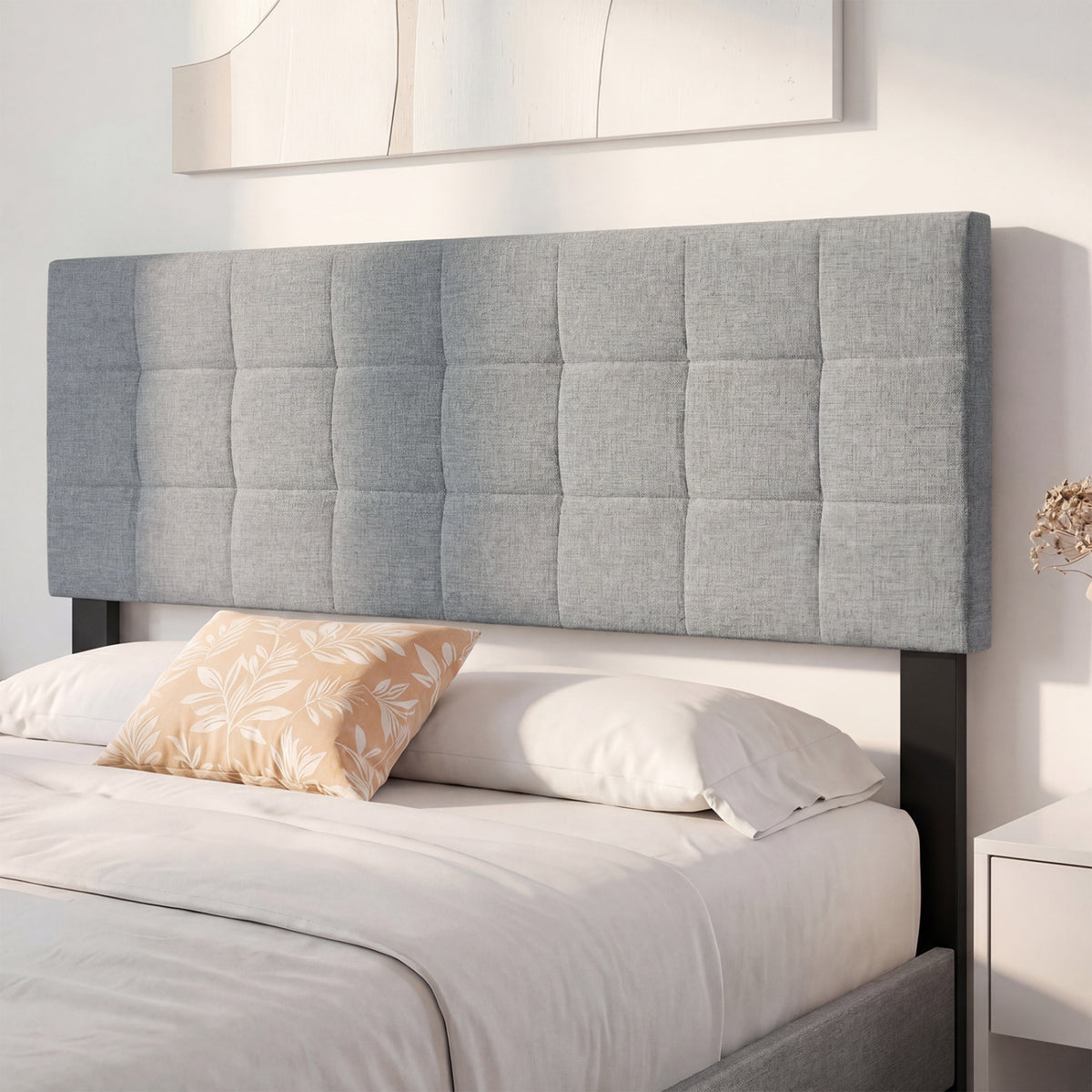 Upholstered Headboard Queen/Full Size Quilted Grid Linen Fabric Bed Frame Mount Panel-Gray