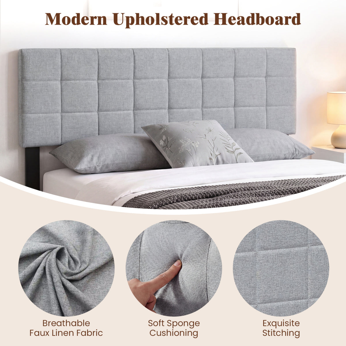 Upholstered Headboard Queen/Full Size Quilted Grid Linen Fabric Bed Frame Mount Panel-Gray
