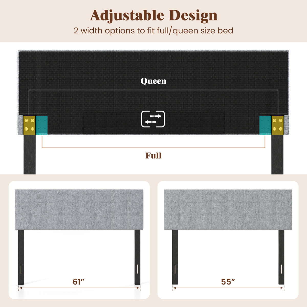 Upholstered Headboard Queen/Full Size Quilted Grid Linen Fabric Bed Frame Mount Panel-Gray