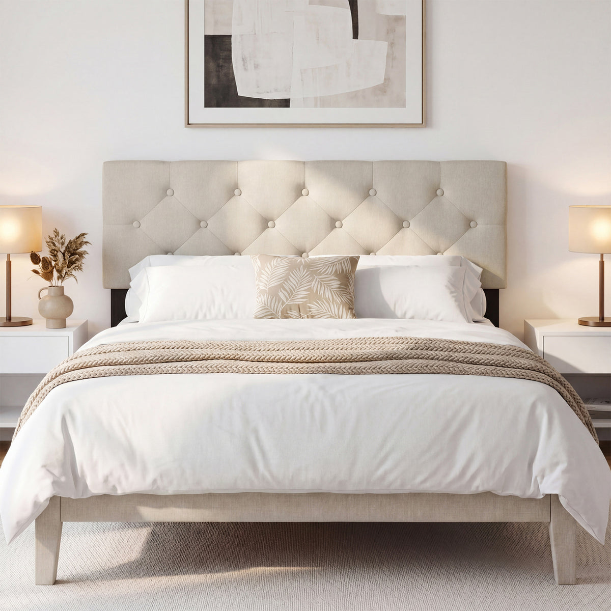 Upholstered Headboard Queen/Full Size Tufted Linen Fabric Bed Frame Mount Panel-Beige