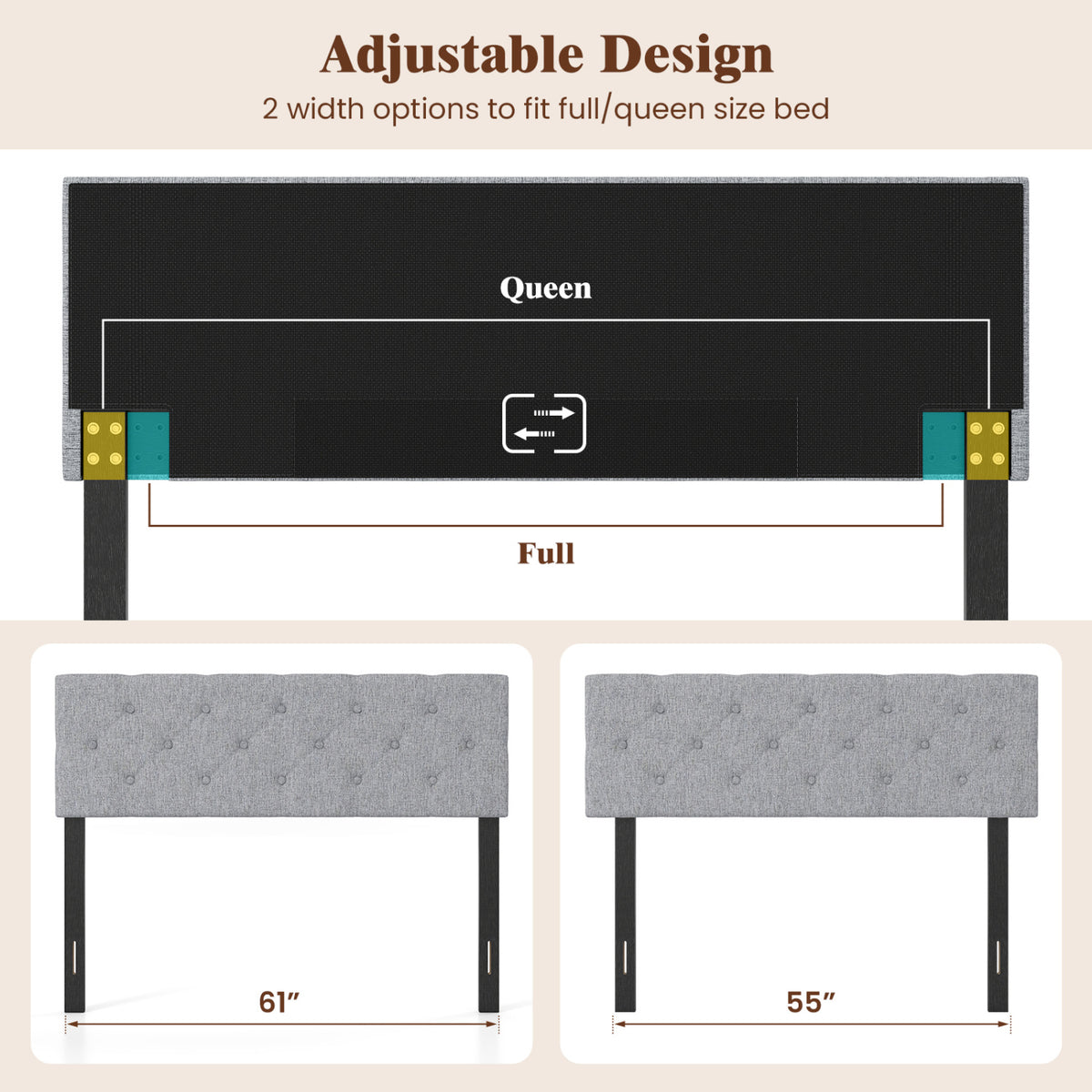 Upholstered Headboard Queen/Full Size Tufted Linen Fabric Bed Frame Mount Panel-Gray