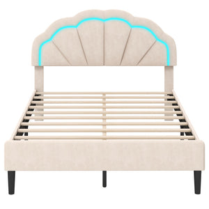 Upholstered LED Bed Frame with Adjustable Flower Headboard and Metal Support Feet-Full Size
