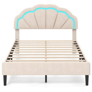 Upholstered LED Bed Frame with Adjustable Flower Headboard and Metal Support Feet-Full Size