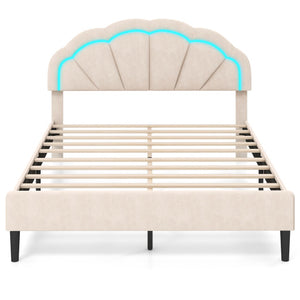 Upholstered LED Bed Frame with Adjustable Flower Headboard and Metal Support Feet-Queen Size