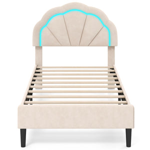 Upholstered LED Bed Frame with Adjustable Flower Headboard and Metal Support Feet-Twin Size