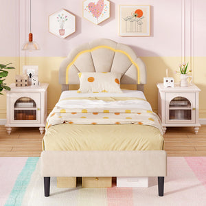 Upholstered LED Bed Frame with Adjustable Flower Headboard and Metal Support Feet-Twin Size