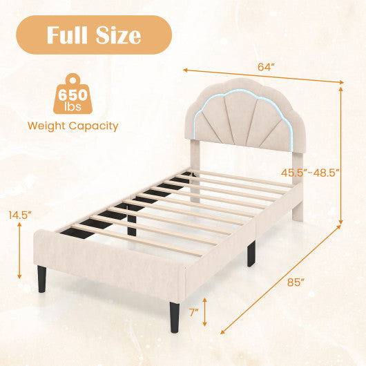 Upholstered LED Bed Frame with Adjustable Flower Headboard and Metal Support Feet-Twin Size