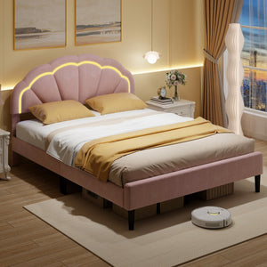 Upholstered LED Bed Frame with Adjustable Flower Headboard and Metal Support Feet Pink-Queen Size