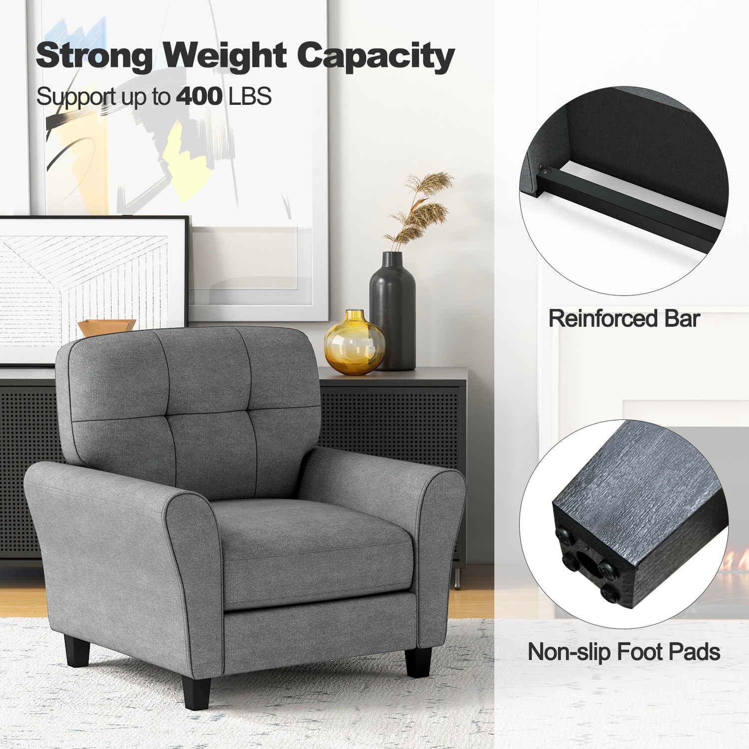 Modern Upholstered Accent Chair with Rubber Wood Legs-Gray
