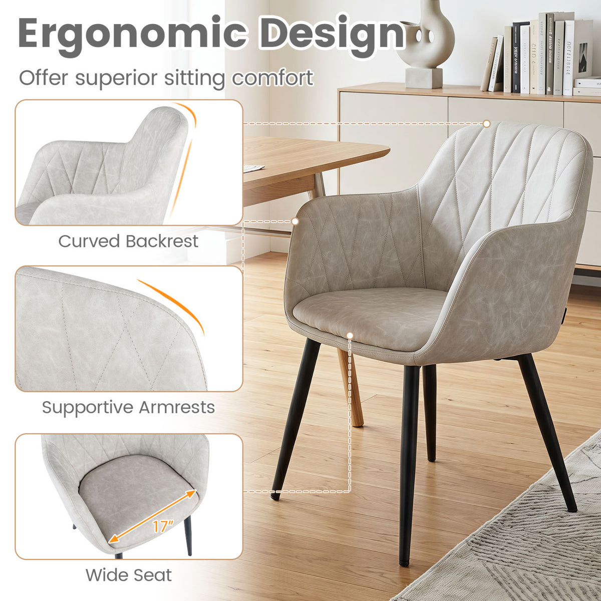 Upholstered PU Leather Kitchen Chairs Set of 2 with Curved Back and Wide Seat-White