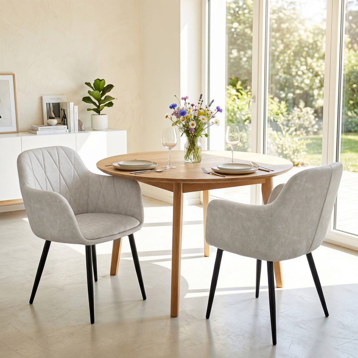Upholstered PU Leather Kitchen Chairs Set of 2 with Curved Back and Wide Seat-White