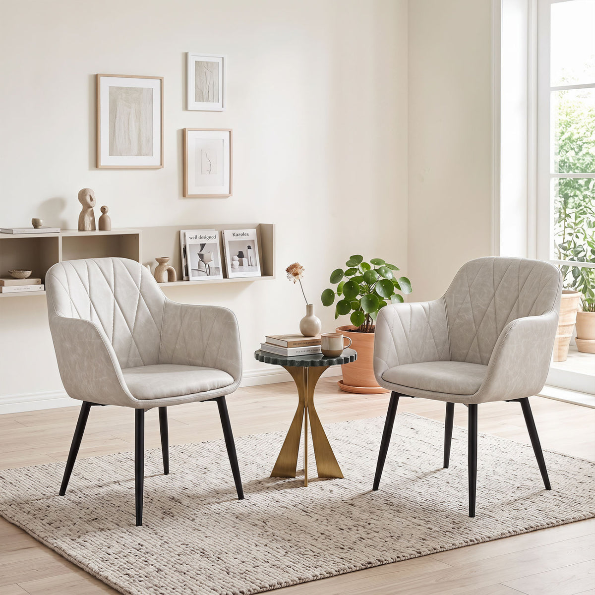 Upholstered PU Leather Kitchen Chairs Set of 2 with Curved Back and Wide Seat-White