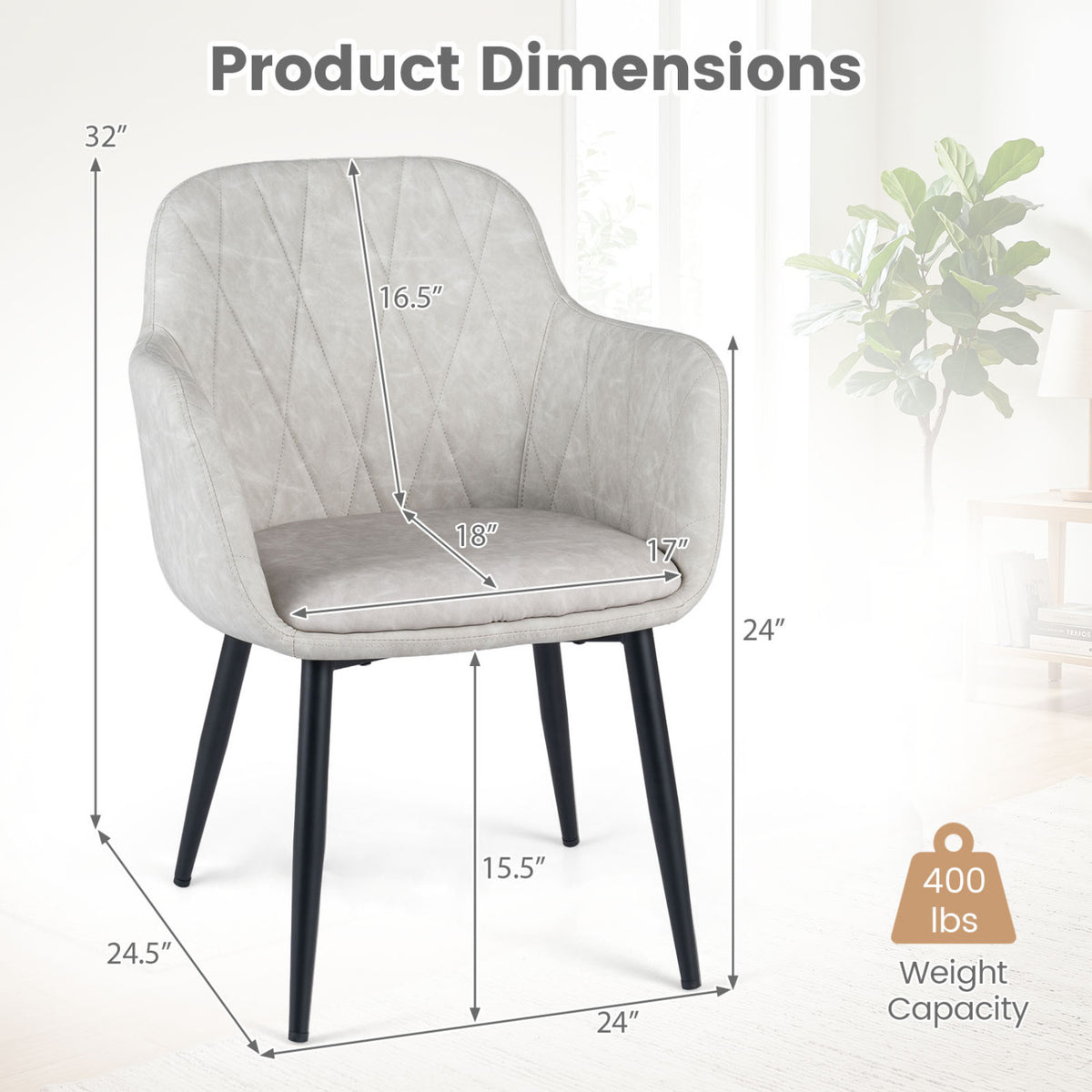 Upholstered PU Leather Kitchen Chairs Set of 2 with Curved Back and Wide Seat-White