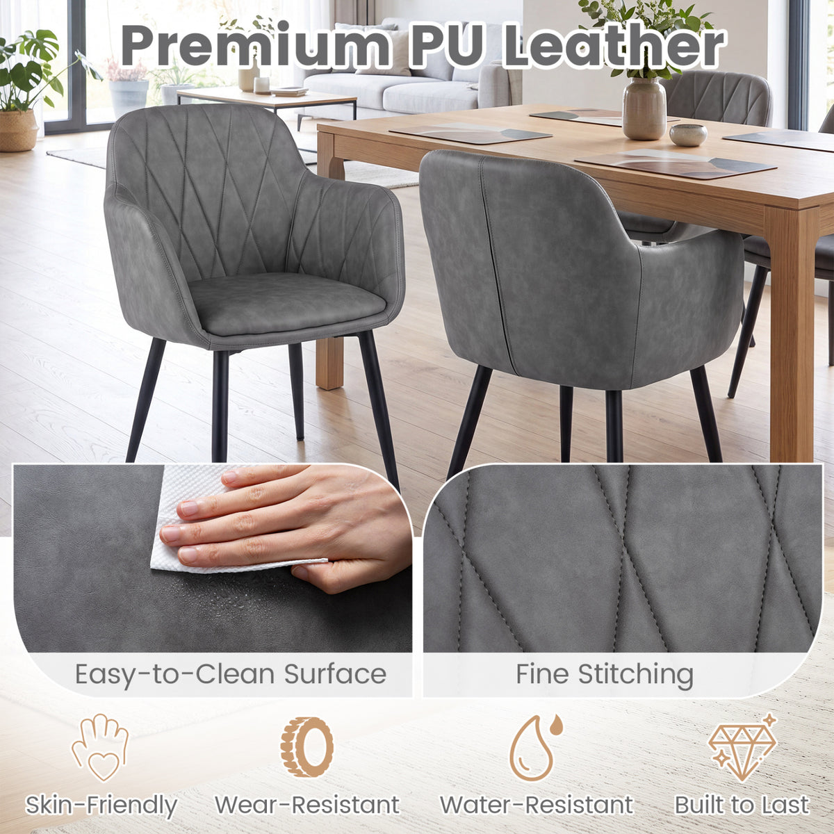Upholstered PU Leather Kitchen Chairs Set of 2 with Curved Back and Wide Seat-Gray