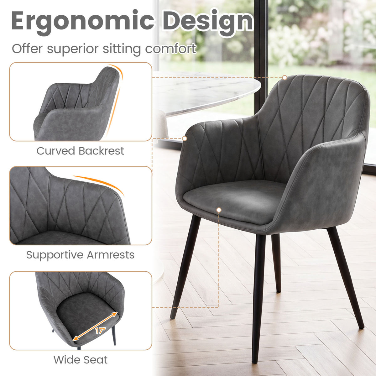 Upholstered PU Leather Kitchen Chairs Set of 2 with Curved Back and Wide Seat-Gray