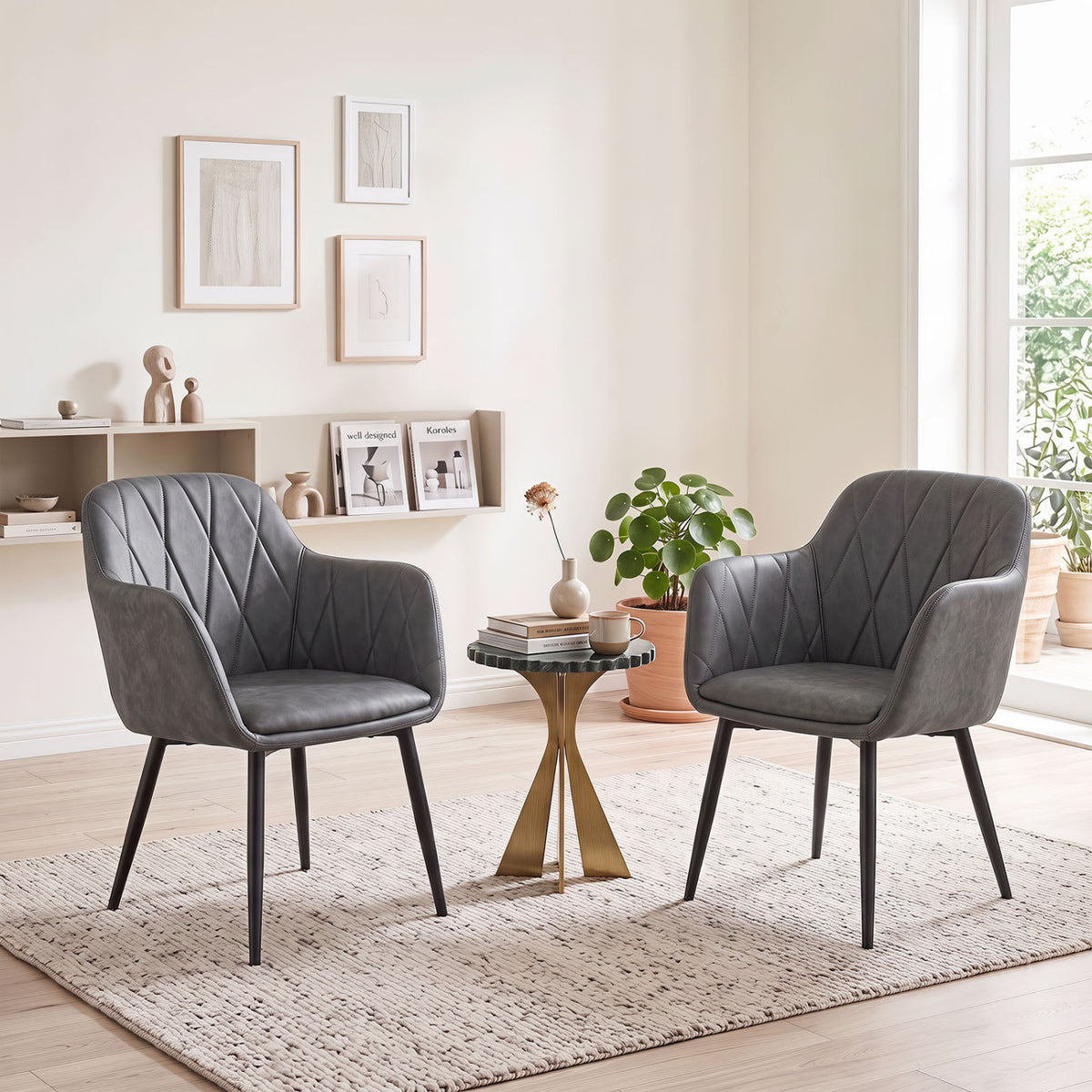 Upholstered PU Leather Kitchen Chairs Set of 2 with Curved Back and Wide Seat-Gray
