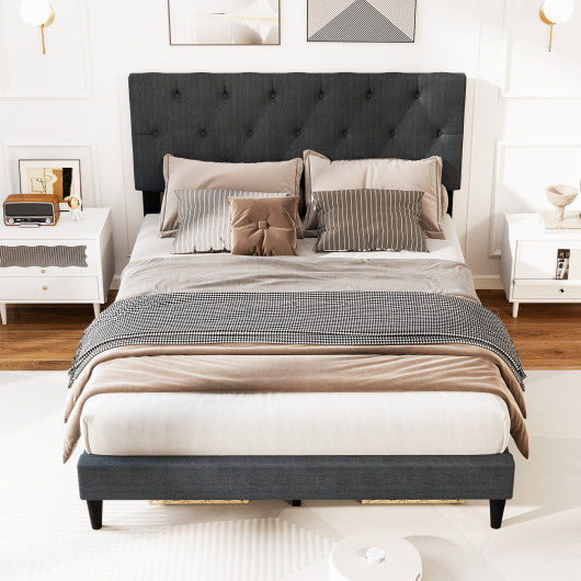 Upholstered Platform Bed with Tufted Headboard and Wooden Slats Gray-Full Size