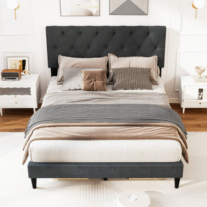 Upholstered Platform Bed with Tufted Headboard and Wooden Slats Gray-Full Size