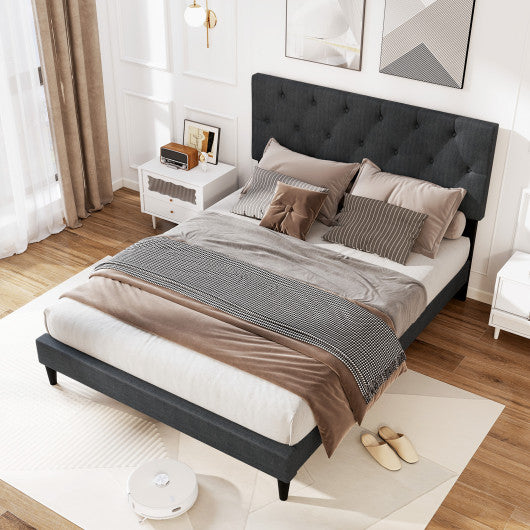 Upholstered Platform Bed with Tufted Headboard and Wooden Slats Gray-Full Size