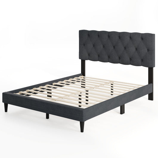 Upholstered Platform Bed with Tufted Headboard and Wooden Slats Gray-Full Size
