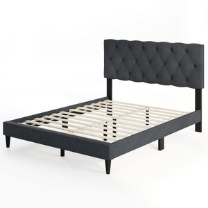 Upholstered Platform Bed with Tufted Headboard and Wooden Slats Gray-Full Size