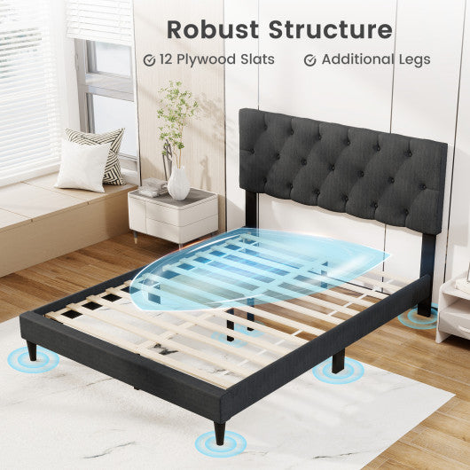 Upholstered Platform Bed with Tufted Headboard and Wooden Slats Gray-Full Size