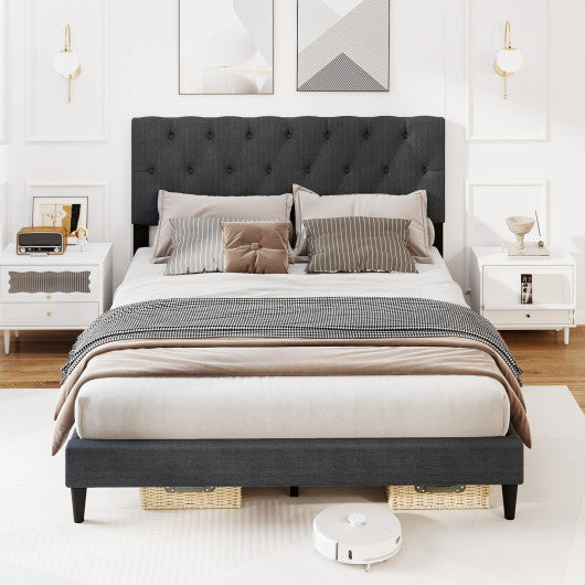 Upholstered Platform Bed with Tufted Headboard and Wooden Slats Gray-Queen Size