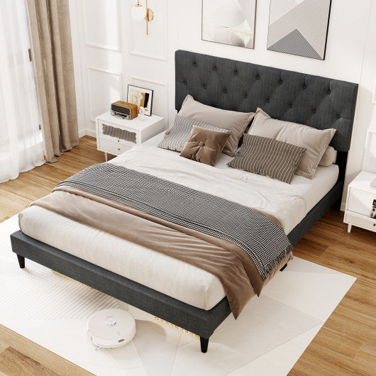 Upholstered Platform Bed with Tufted Headboard and Wooden Slats Gray-Queen Size