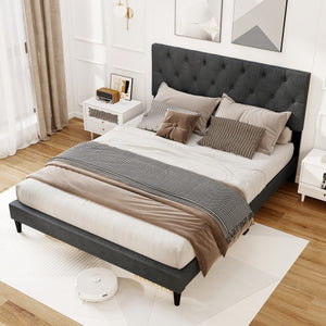Upholstered Platform Bed with Tufted Headboard and Wooden Slats Gray-Queen Size